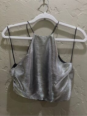 Zara Silver Metallic Halter Crop Top Open Back Party Y2K Size Small